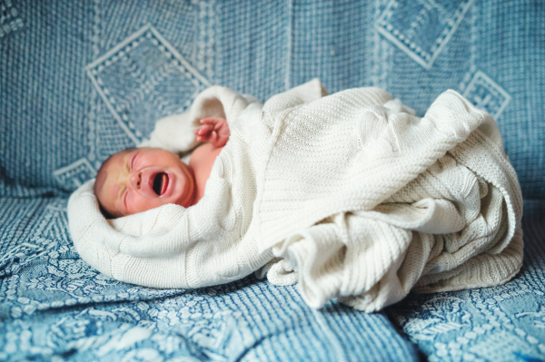 A close-up of a crying newborn baby lying on a sofa, covered by a white blanket. Side view. Copy space.