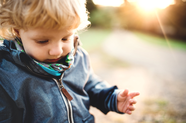 A happy little toddler boy standing outdoors in nature at sunset. Close-up. Copy space.