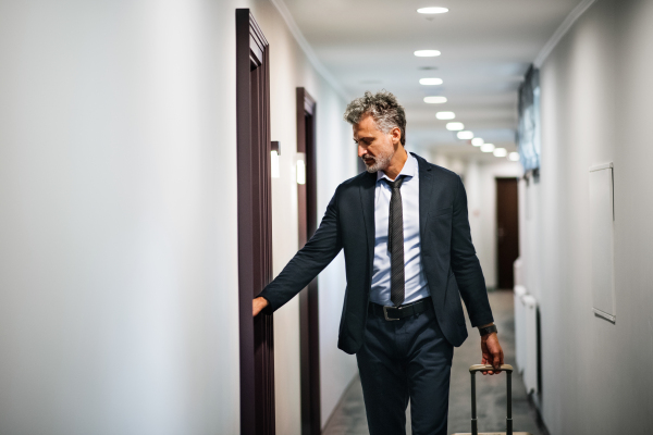 Mature businessman with luggage in a hotel corridor, opening the door of the room. Handsome man pulling suitcase.