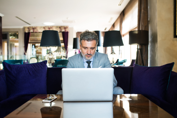 Handsome mature businessman with laptop in a hotel lounge.