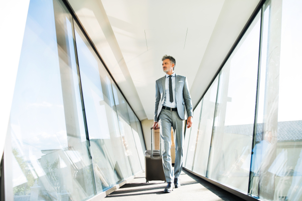 Mature businessman walking in the corridor with suitcase, travelling.