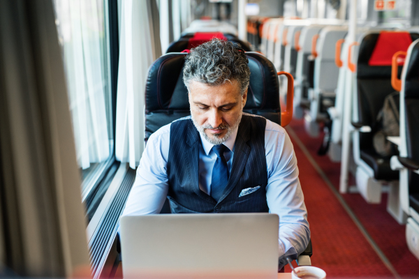 Handsome mature businessman travelling by train. A man working on a laptop.