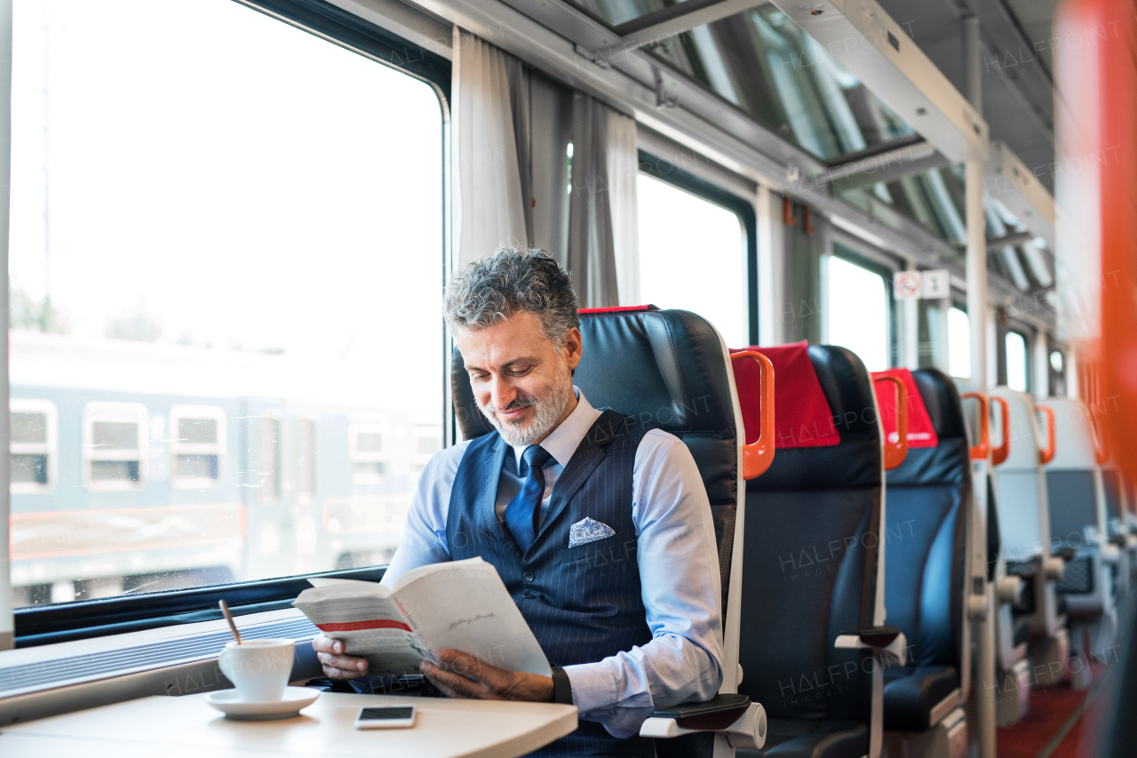 Handsome mature businessman travelling by train, reading a book.