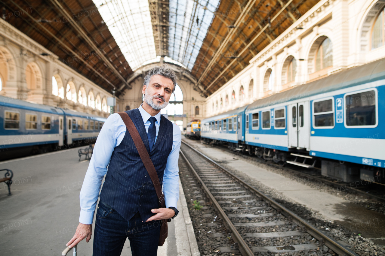 Handsome mature businessman in a city. Man waiting for the train at the railway station.