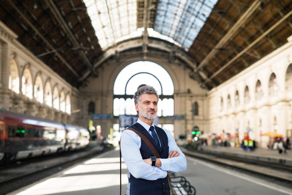 Handsome mature businessman in a city. Man waiting for the train at the railway station.