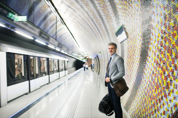 Handsome mature businessman in a city. Man waiting for the train at the subway station.