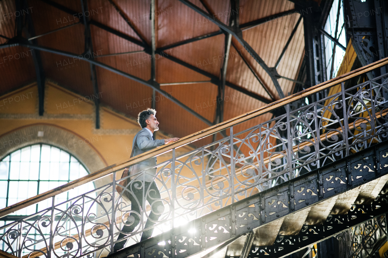 Handsome mature businessman in a city. Man walking up the stairs.