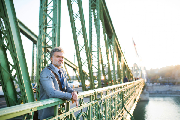 Handsome mature businessman in a city, standing on the bridge.