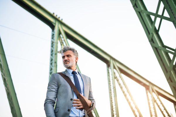 Handsome mature businessman in a city, walking on the bridge.