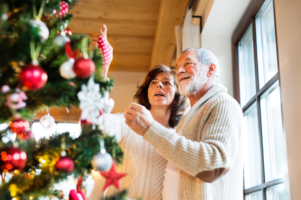 Senior couple decorating Christmas tree at home. Feeling happy.