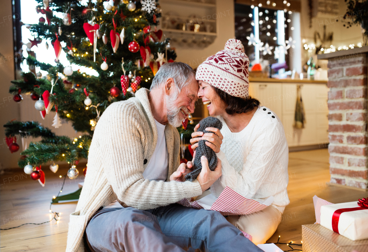 Senior man sitting on the floor in front of illuminated Christmas tree with his wife. The woman is trying on knitted hat.