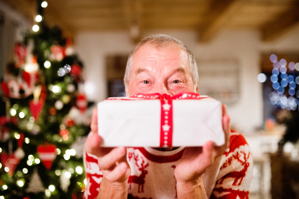 Senior man standing in front of illuminated Christmas tree inside his house holding a present, feeling pleased.