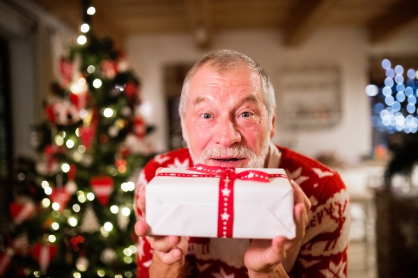 Senior man standing in front of illuminated Christmas tree inside his house holding a present.