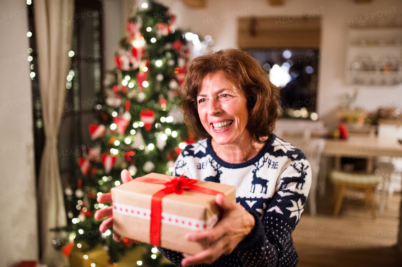 Senior woman standing in front of illuminated Christmas tree inside his house holding a present, laughing.