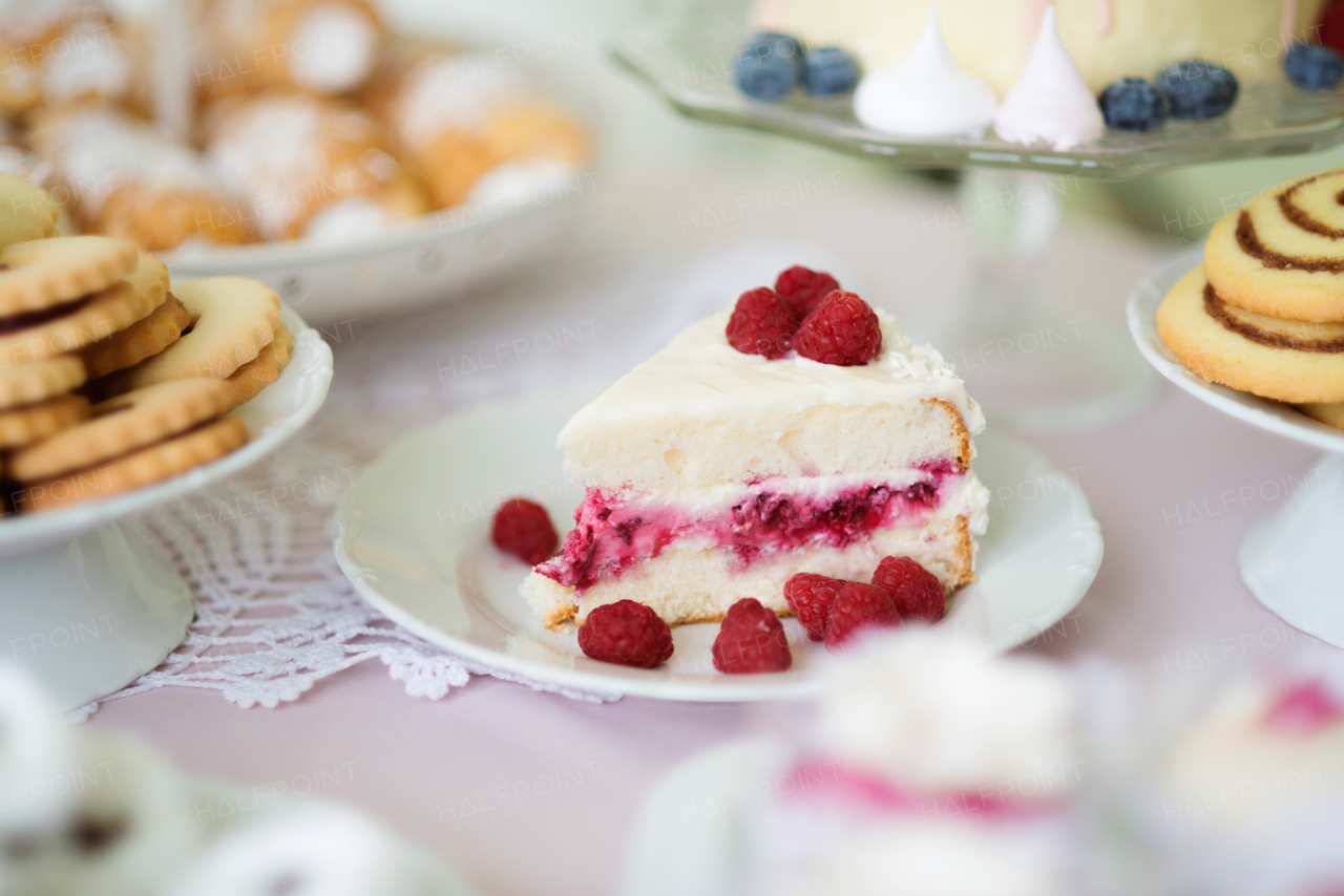 Close up, piece of raspberry cake, sandwich cookies filled with jam, horn pastries and spiral cookies. Studio shot.