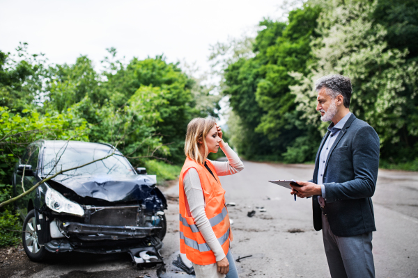 An insurance agent talking to a frustrated woman driver by the car on the road after an accident.