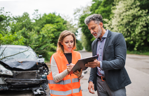 A man insurance agent talking to a woman outside on the road after a car accident.