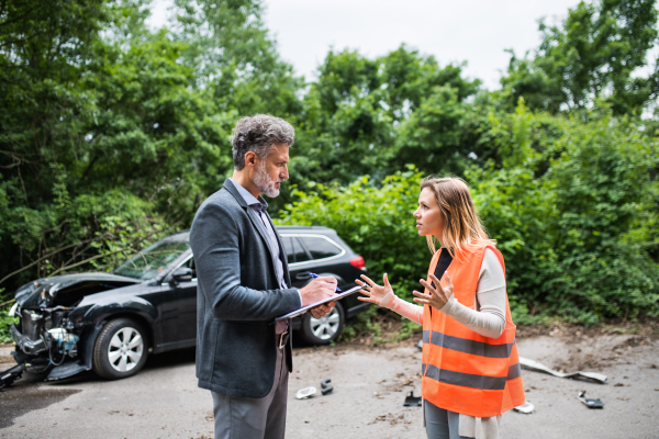 An insurance agent talking to a frustrated woman driver by the car on the road after an accident.