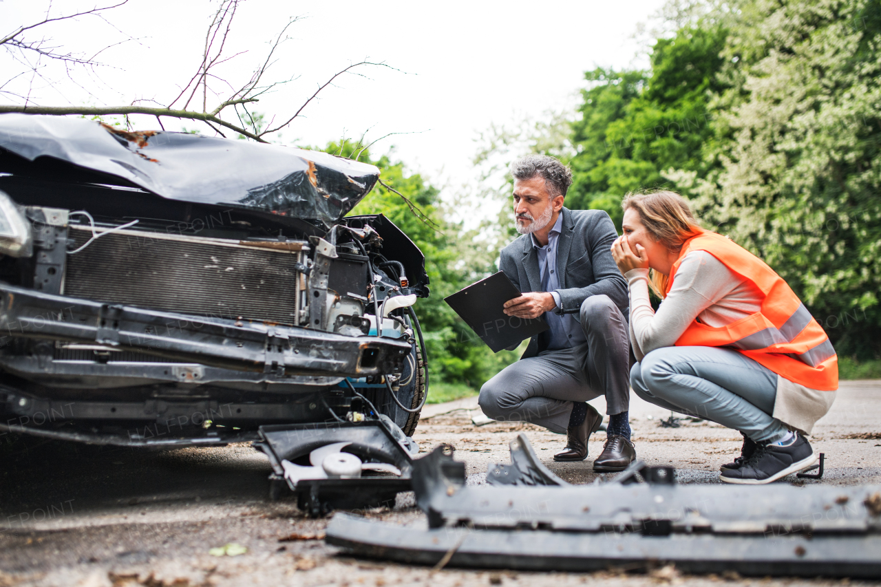 An insurance agent and a woman driver looking at the car on the road after an accident. Copy space.