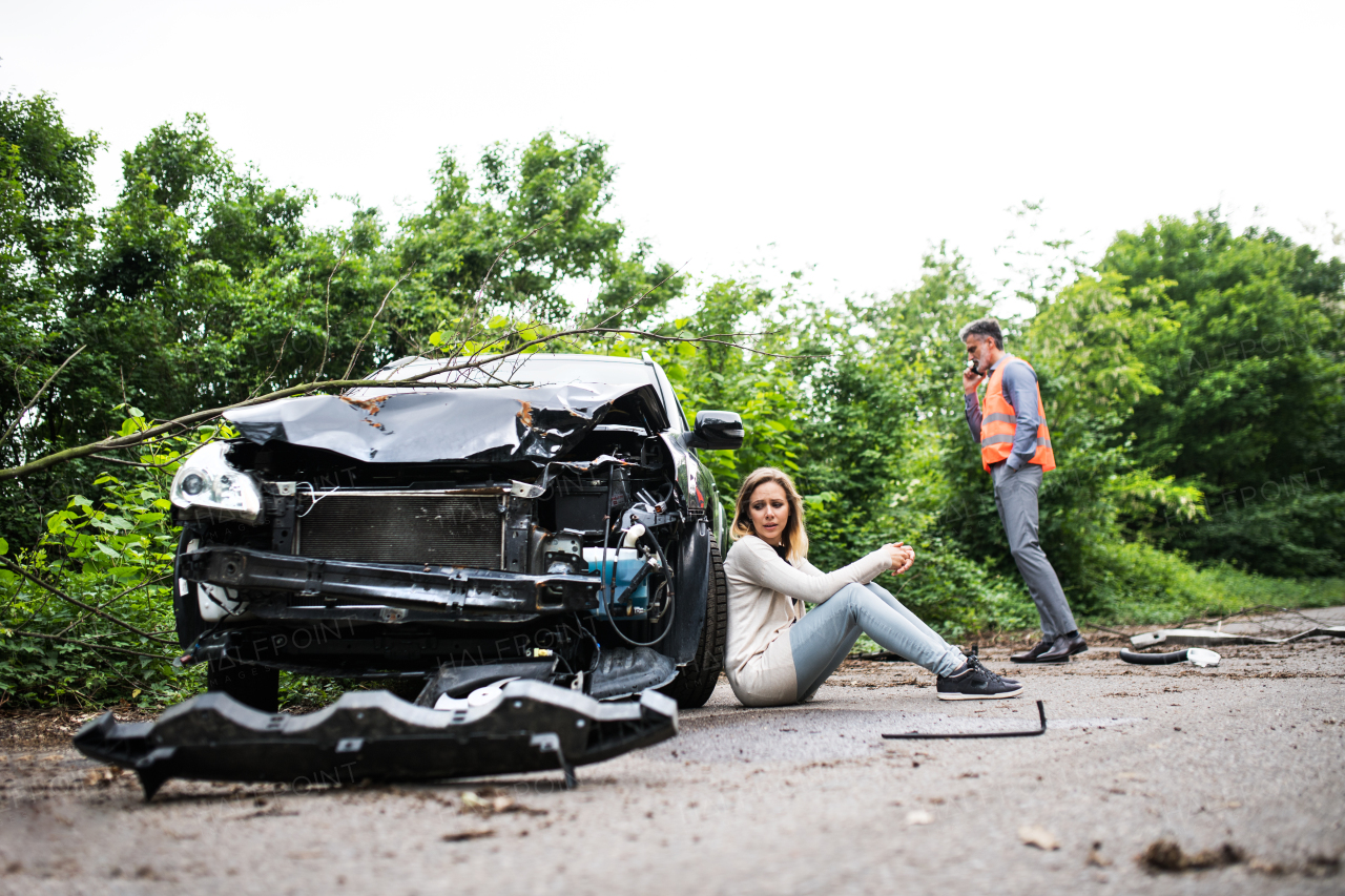 Young frustrated woman sitting by the car after an accident and a man with smartphone, making a phone call.