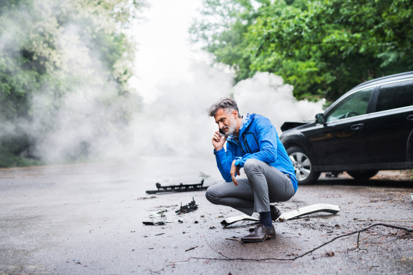 Handsome mature man making a phone call after a car accident, smoke in the background. Copy space.