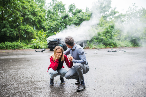 A mature man talking to a stressed young woman after a car accident, helping her. A smoke coming from a broken car in the background.