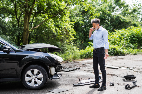 Mature handsome man standing by the car, making a phone call after a car accident.