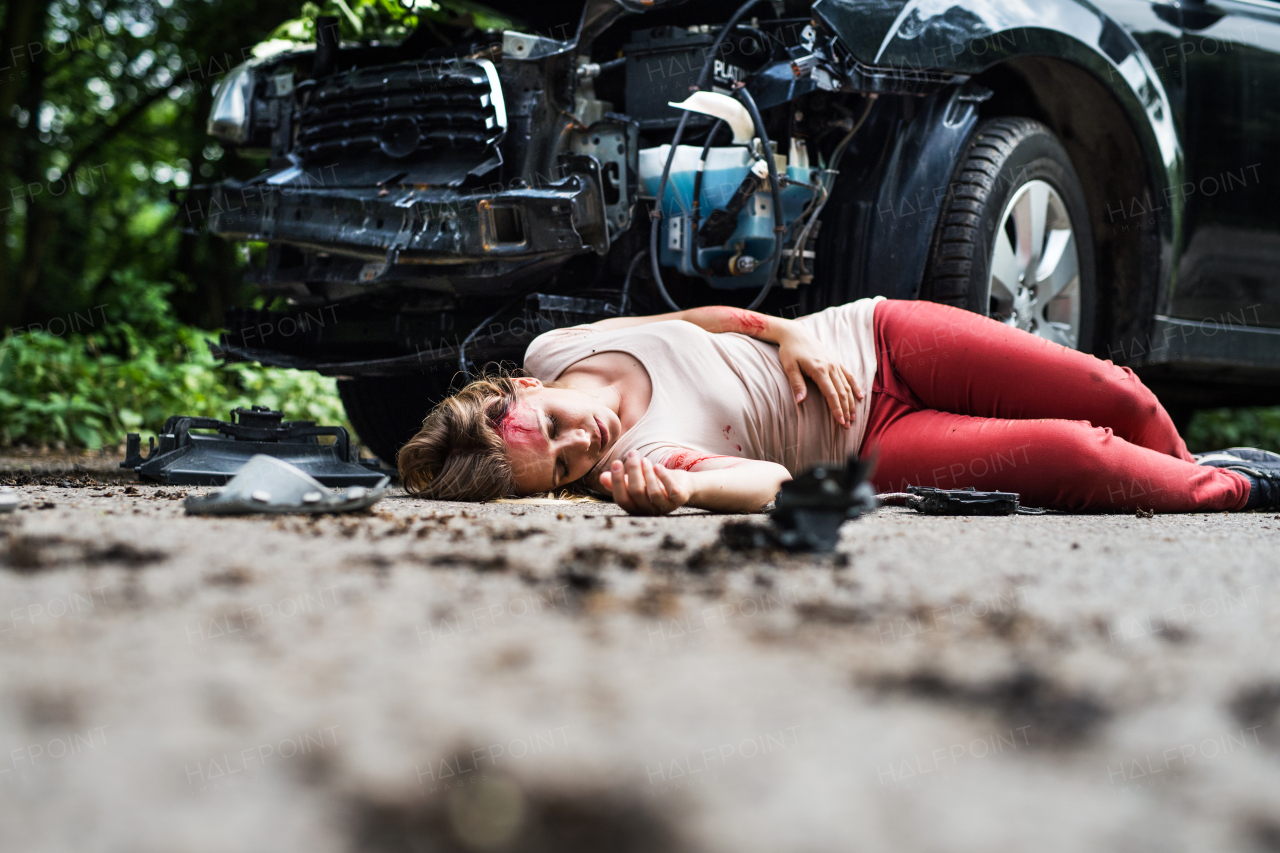 Young injured woman lying in blood on the road, unconscious. A car accident concept. Copy space.