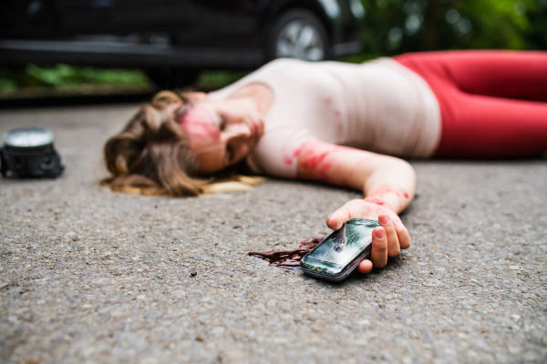 Young injured woman with smartphone lying in blood on the road, unconscious. A car accident concept.