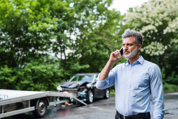 Handsome mature man making a phone call after a car accident. Copy space.