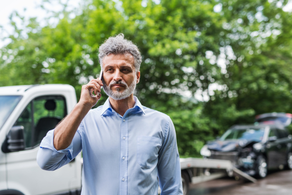 Handsome mature man making a phone call after a car accident. Copy space.