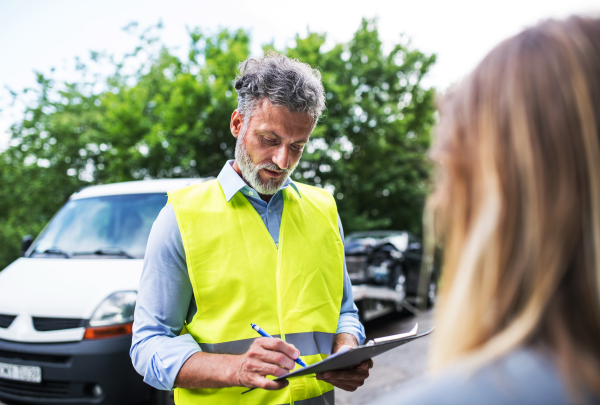 A man insurance agent talking to an unrecognizable woman outside on the road after a car accident, making notes.