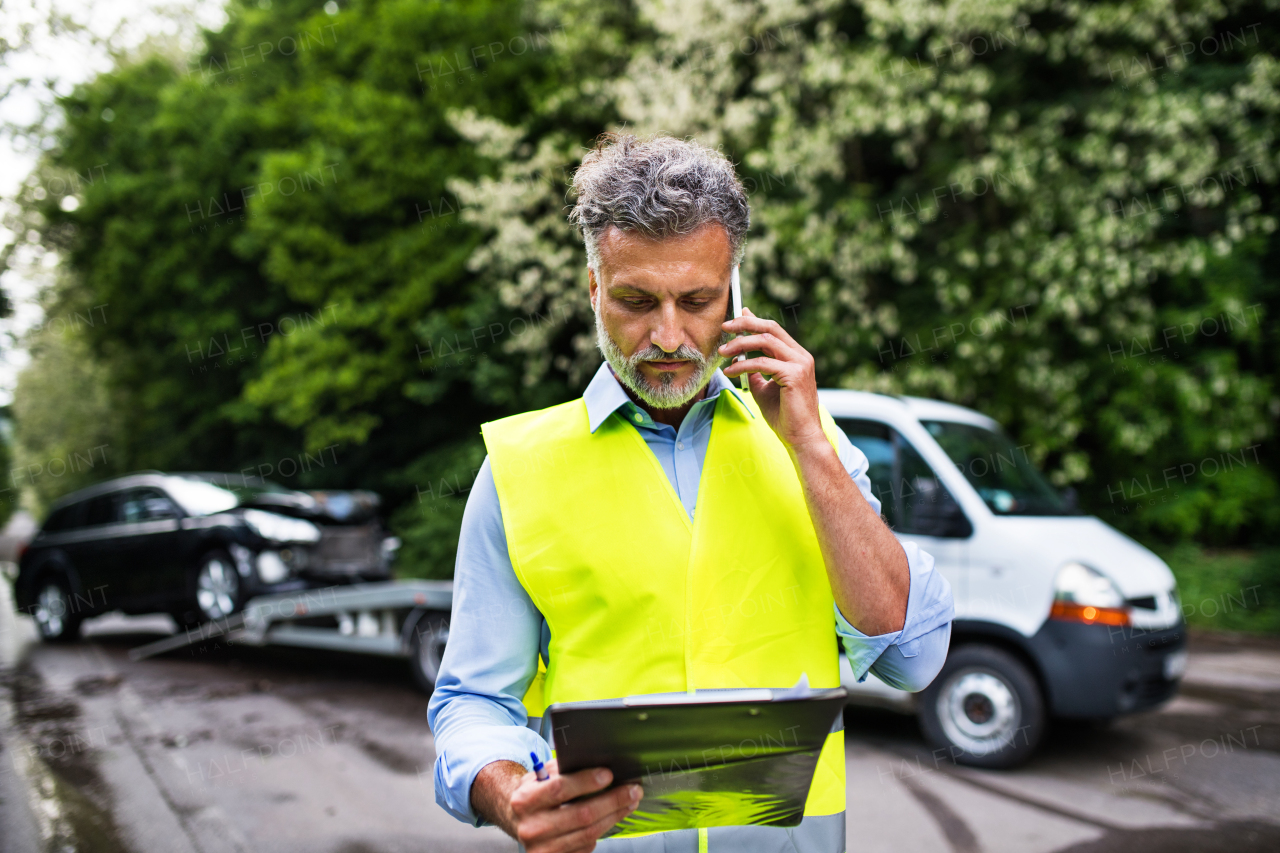 Handsome mature man making a phone call after a car accident. Copy space.