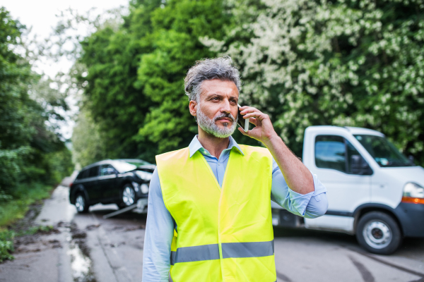 Handsome mature man making a phone call after a car accident. Copy space.