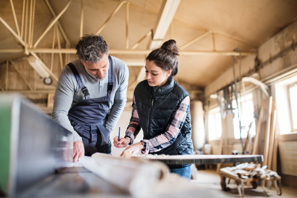 Portrait of a man and woman workers in the carpentry workshop, working.