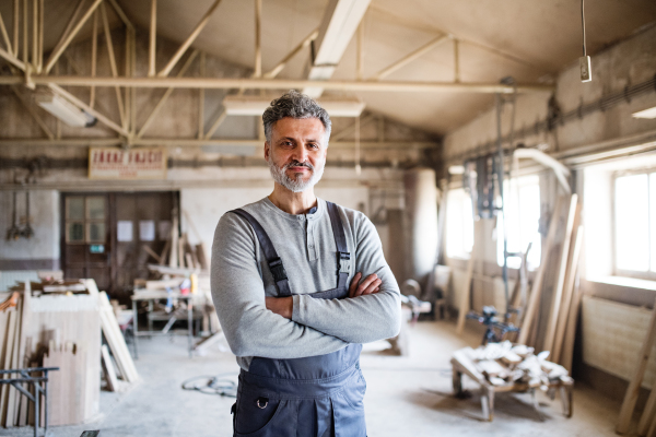 Portrait of a mature man worker in the carpentry workshop, arms crossed.