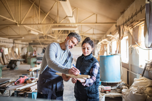 Portrait of a man and woman workers in the carpentry workshop, working together.