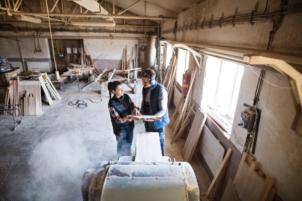 Portrait of a man and woman workers in the carpentry workshop, holding a piece of wood.