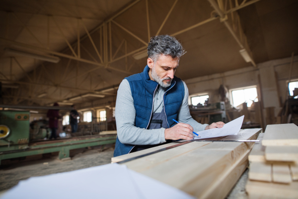 A mature man worker in the carpentry workshop, making plans.