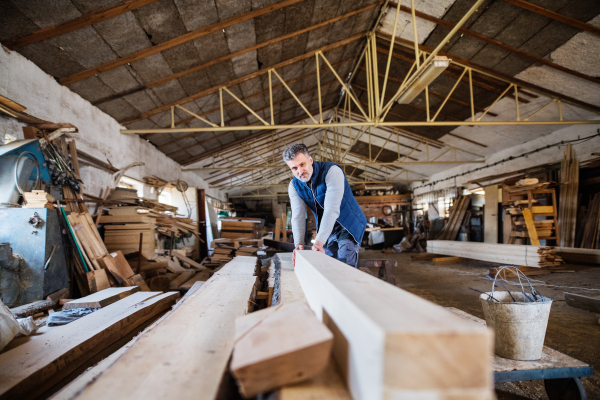 A mature man worker in the carpentry workshop, working with wood.