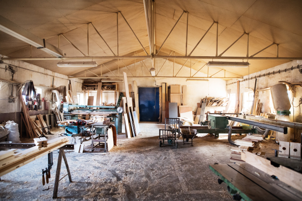 An interior of a big carpentry workshop.