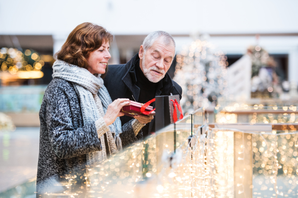 Senior couple doing Christmas shopping. Shopping center at Christmas time.