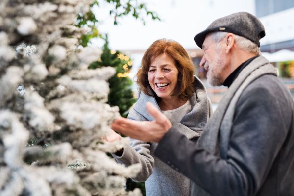 Senior couple doing Christmas shopping. Shopping center at Christmas time.