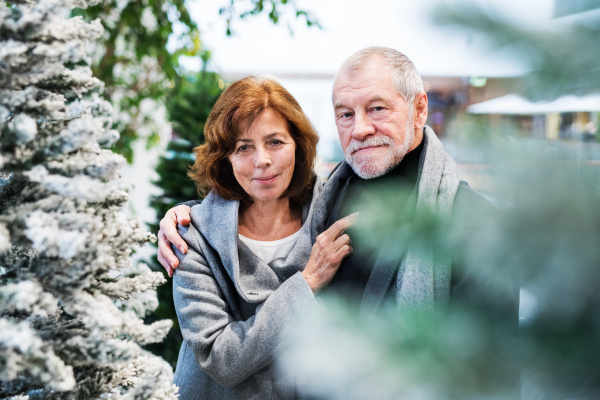 Portrait of a senior couple doing Christmas shopping. Shopping center at Christmas time.