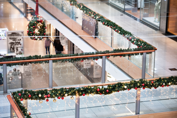 Decorated and illuminated shopping center at Christmas time.