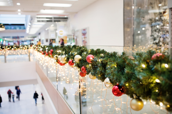 Decorated and illuminated shopping center at Christmas time.