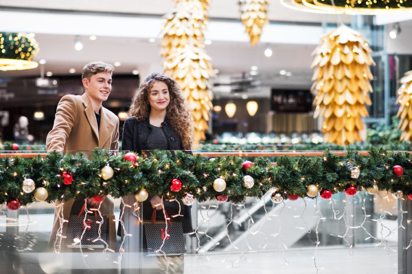 A portriat of young couple standing in shopping center at Christmas. Copy space.