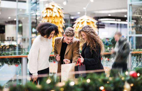 Young friends standing in shopping center at Christmas time, looking into paper bags.