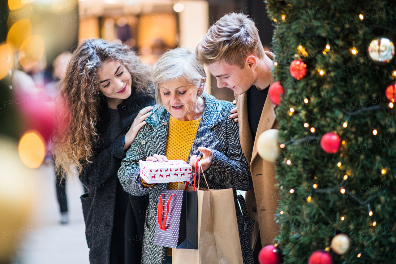 A young couple giving a present to grandmother in shopping center at Christmas time.