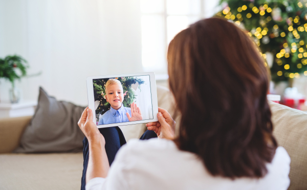 A rear view of senior woman with tablet talking with her grandson through online video phone call.